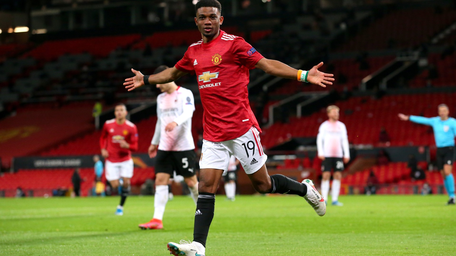 Amad Diallo celebrates for Man Utd (©Alex Livesey - Danehouse/Getty Images)